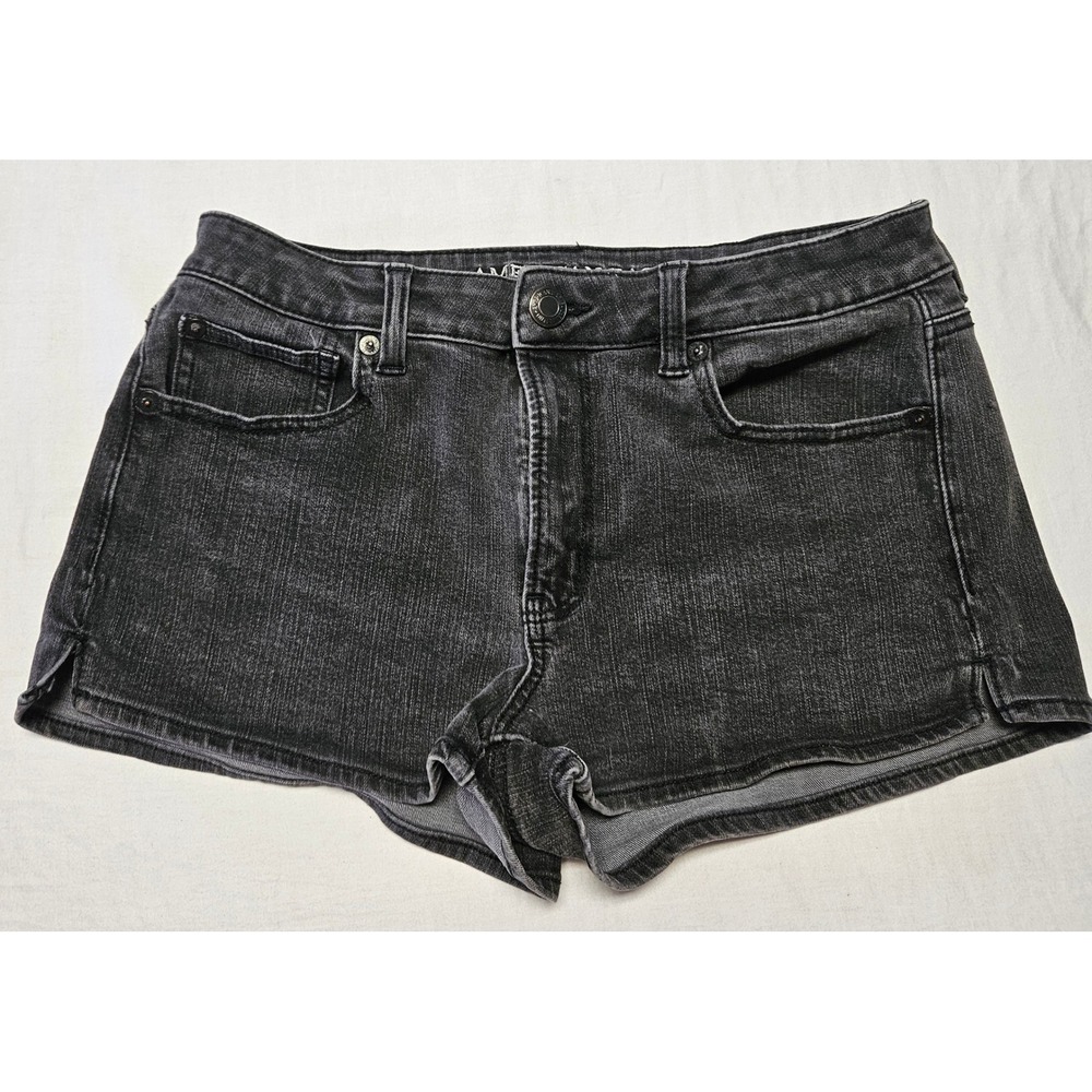 American Eagle Hi-Rise Shortie Denim Shorts Womens 8‎ Black 360 Super Stretch